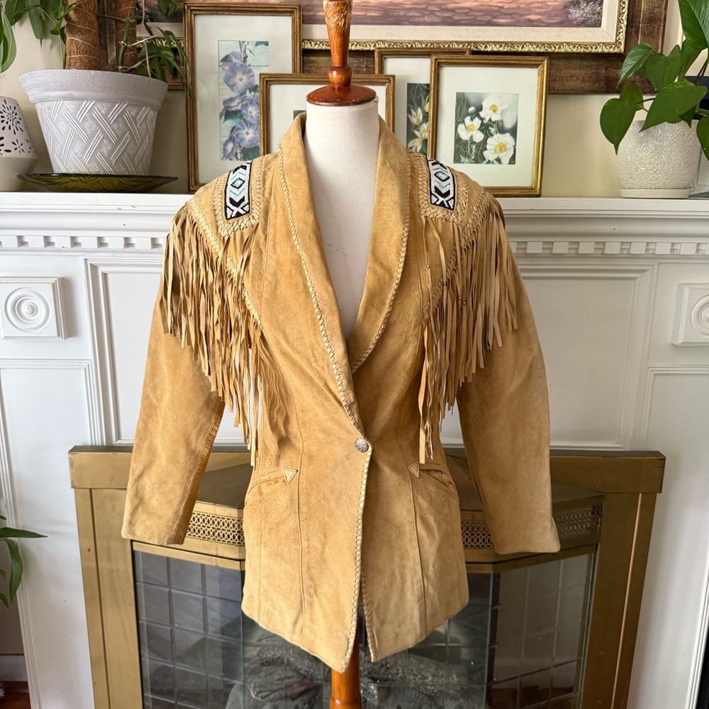 Women’s Vintage A.M. Bernardo Suede Leather western beaded tassel fringe jacket